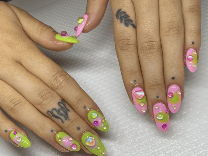 3D Pink and Green Summer Nails