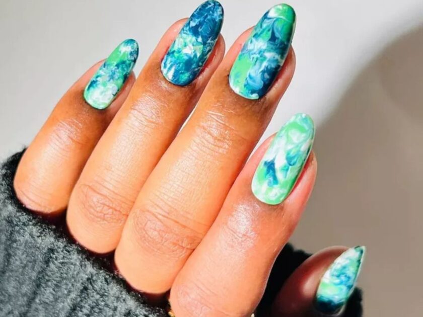 Blue, Green, and White Marbled Nails
