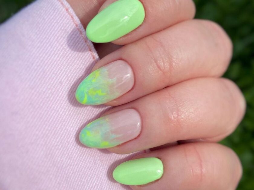 Green marble nail design:Neon Green Delight