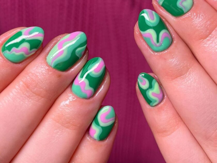 Marbled Marvel Green and Pink Nail Designs