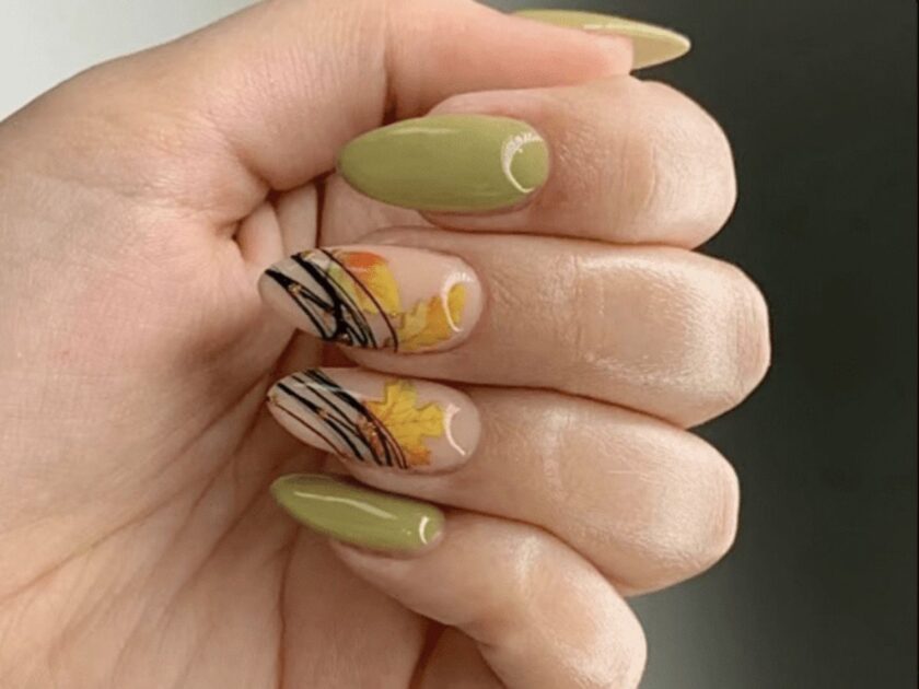 Olive-Green Nail with Fall Foliage