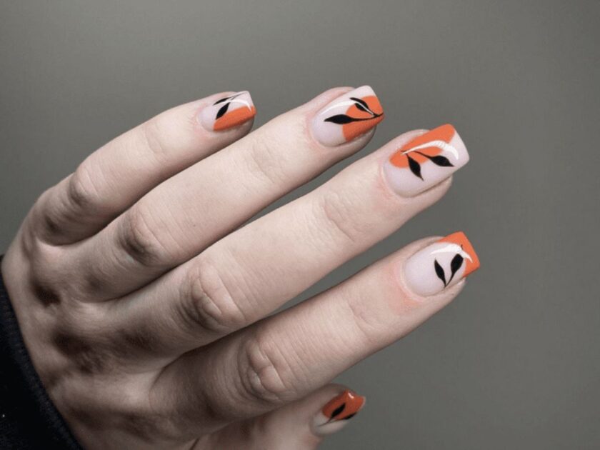 Squared Shape Nails with Orange Colors