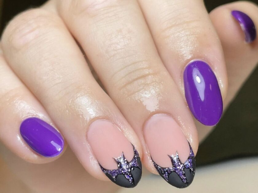 Black Bat and Purple Halloween Nails