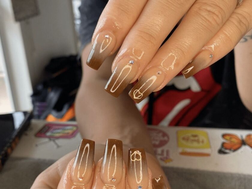 Brown Ombre Nails With Rhinestones