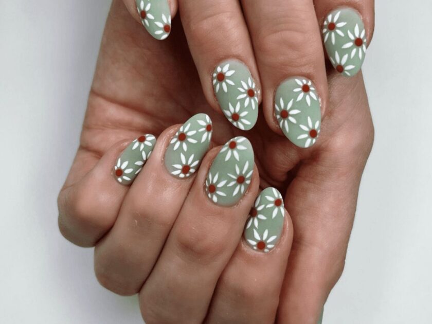 Matte Sage Green Nails with White Daisy Designs