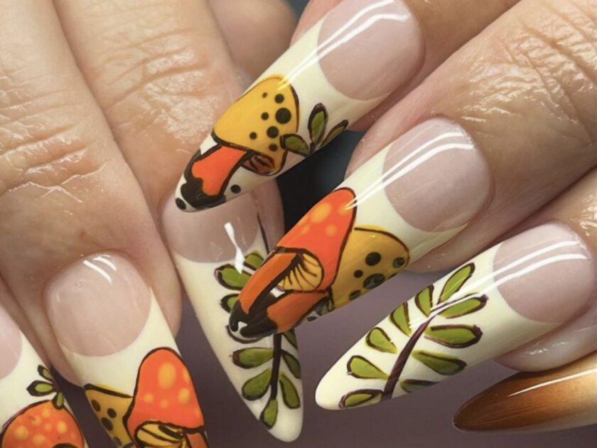 Orange Mushrooms on French Nails