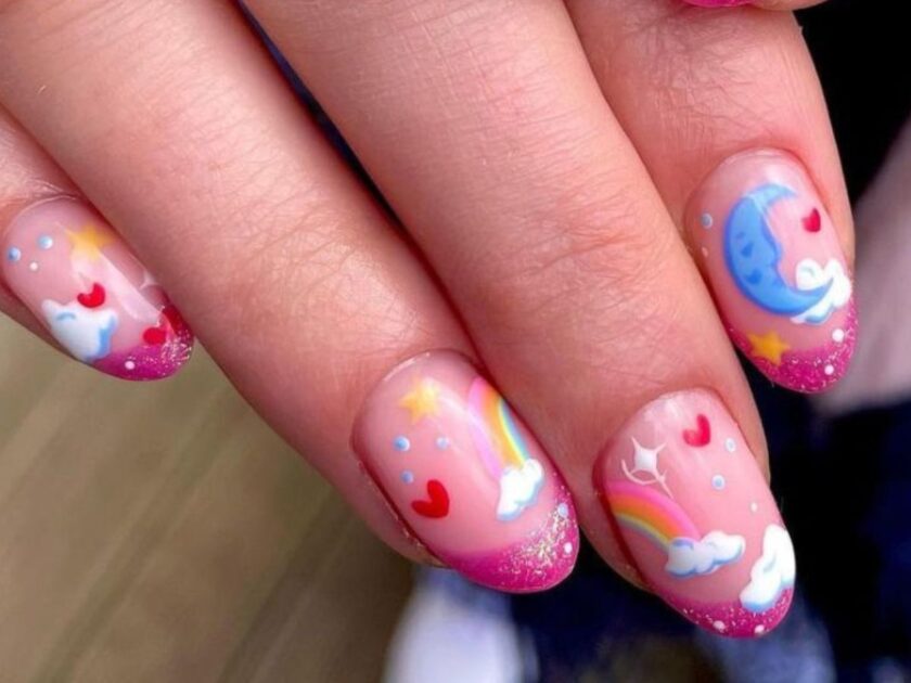Pink Sparkly Nails Inspo With Cloud