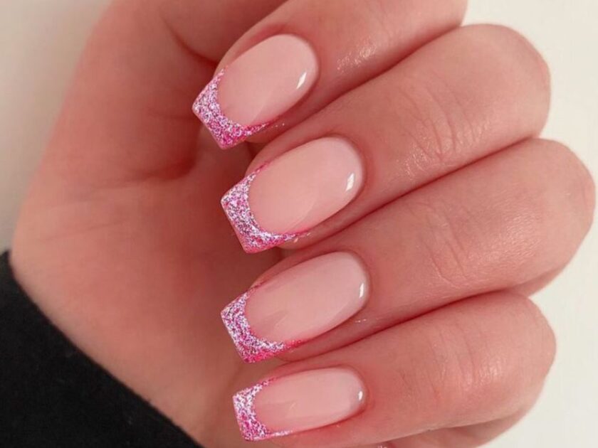 Pink glitter French nails design