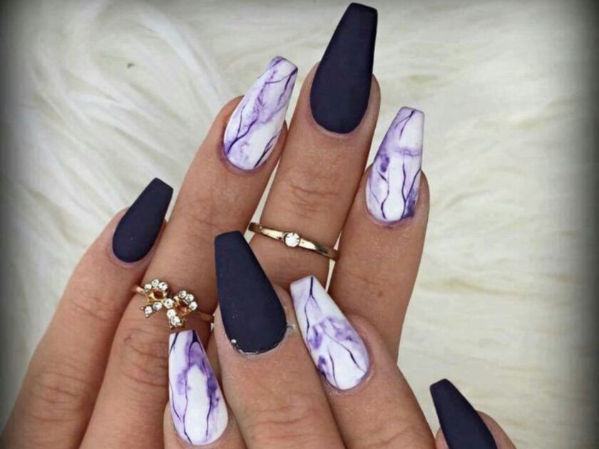 Purple Marble with Black Accents Nails Design