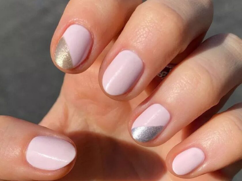 Slanted Metallic and Pink French Nails