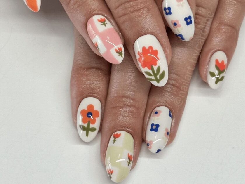 White Nails with Colorful Floral Designs