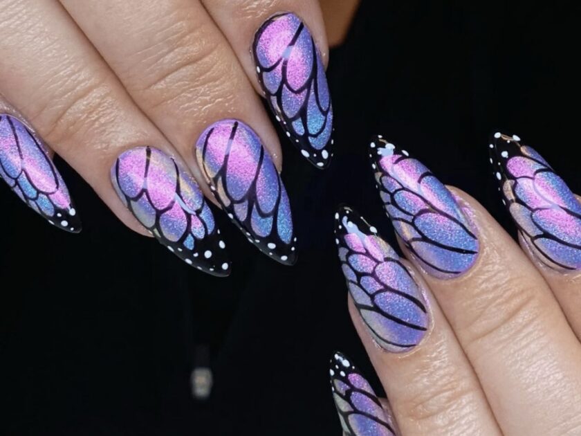 Butterfly-Themed Purple Chrome Nails