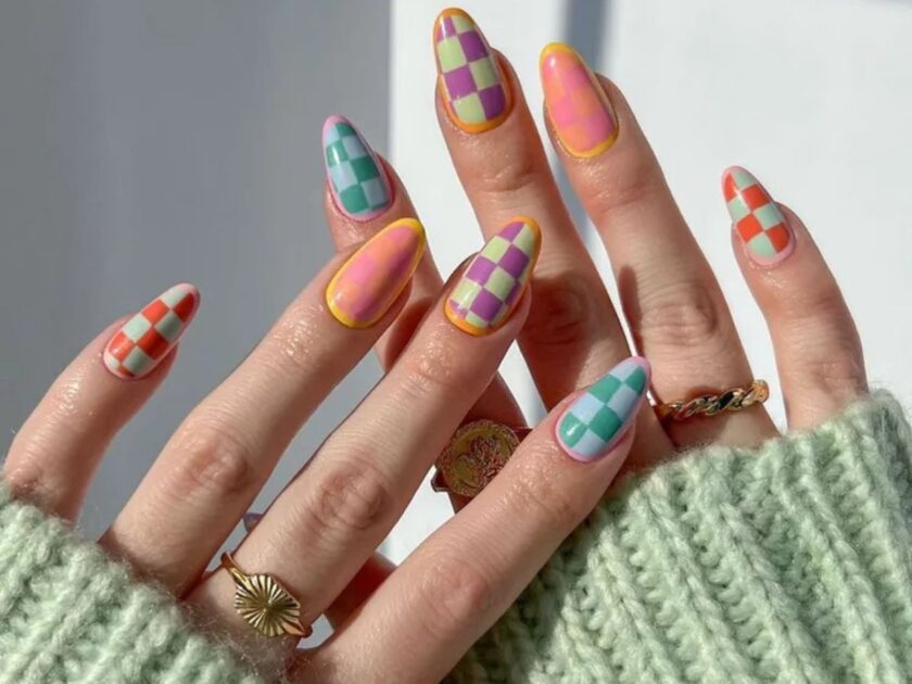 Checkerboard Different Color Pastel Nails Art