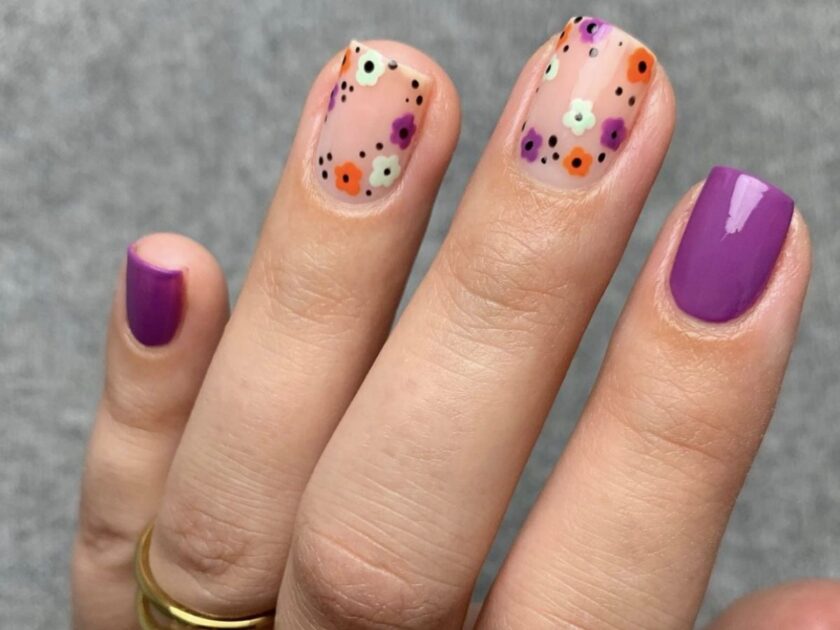 Floral Delight with a Pop of Purple Nails
