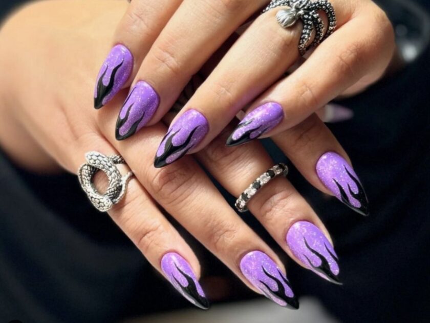 Glittering Purple Flames Nail Art