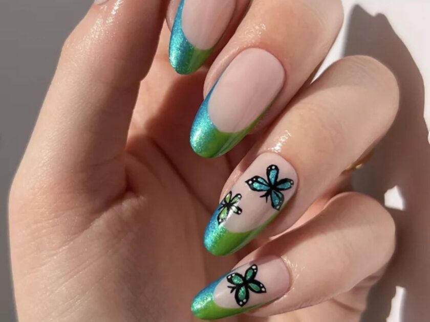 Green and Blue Butterfly Nails
