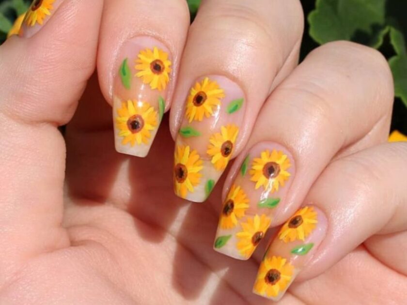 Hand-Painted Sunflowers Summer Nails
