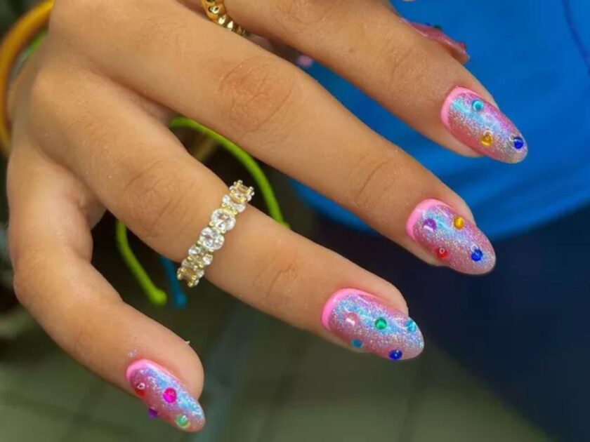 Jelly-Studded Pink Glitter Nails