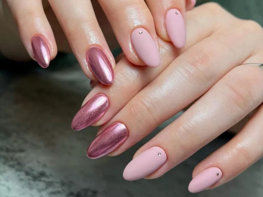 Rose Gold Chrome With Milky Matte Pink Nail Inspo
