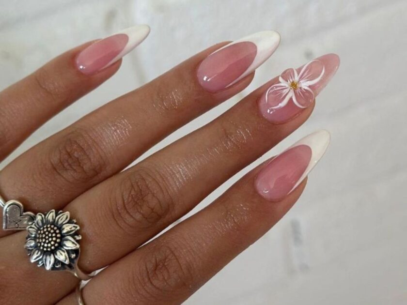 White French with flower nail art