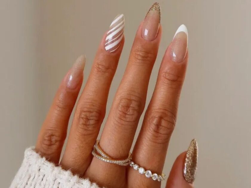 White & Gold Glitter Nails