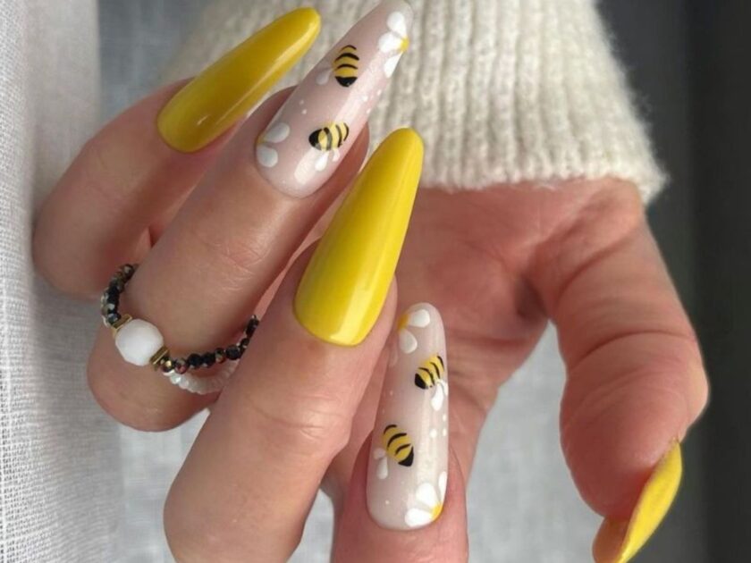 Yellow nail designs with bees