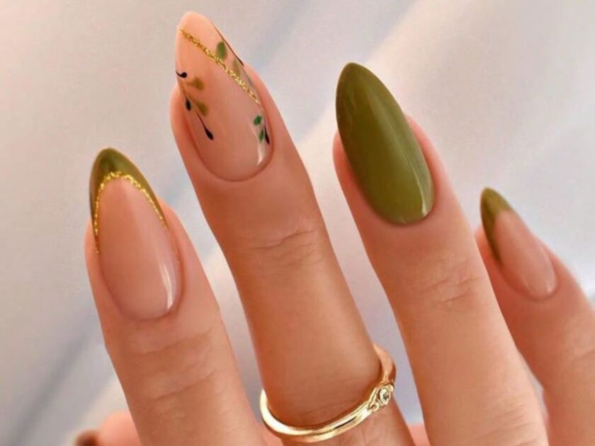 olive green and nude combination nails