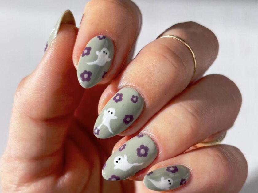 Cute, and Flowery Ghost Nail Art Designs for Halloween