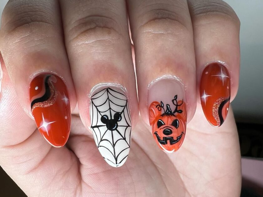 Pumpkin and Spiderweb Disney Nails