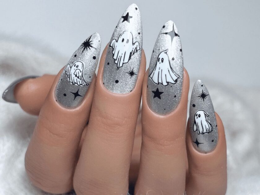 Unique Metallic Halloween Nail Designs with Scary Ghosts